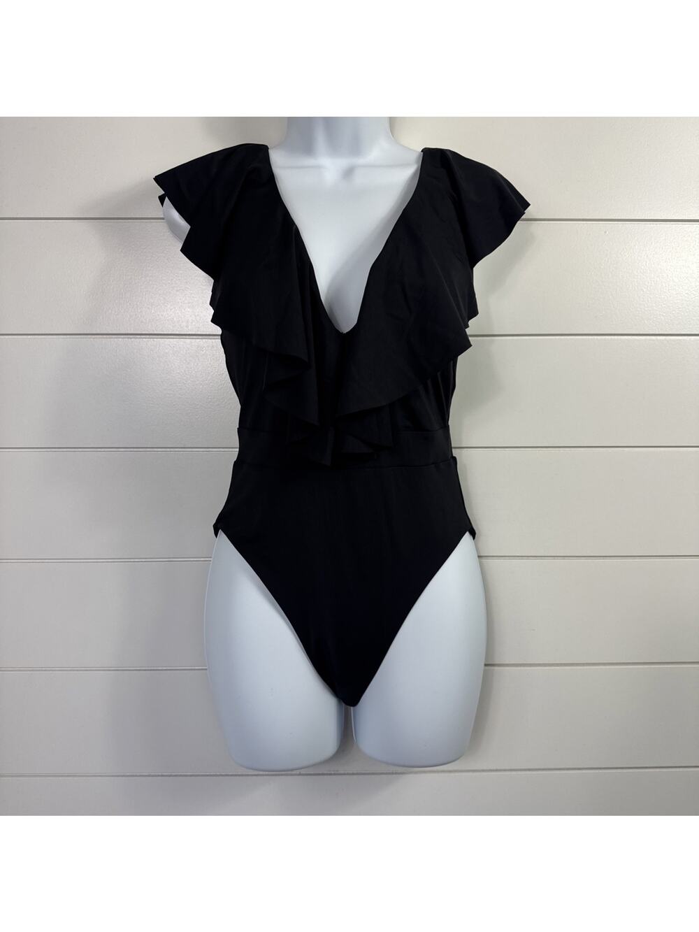 Trina Turk One Piece Swimsuit Ruffle V-Neck Black sz 8
